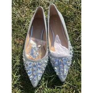 Jewel Badgley Mischka Ulanni Embellished Pointed Toe Silver Glitter Flat 6.5 NIB